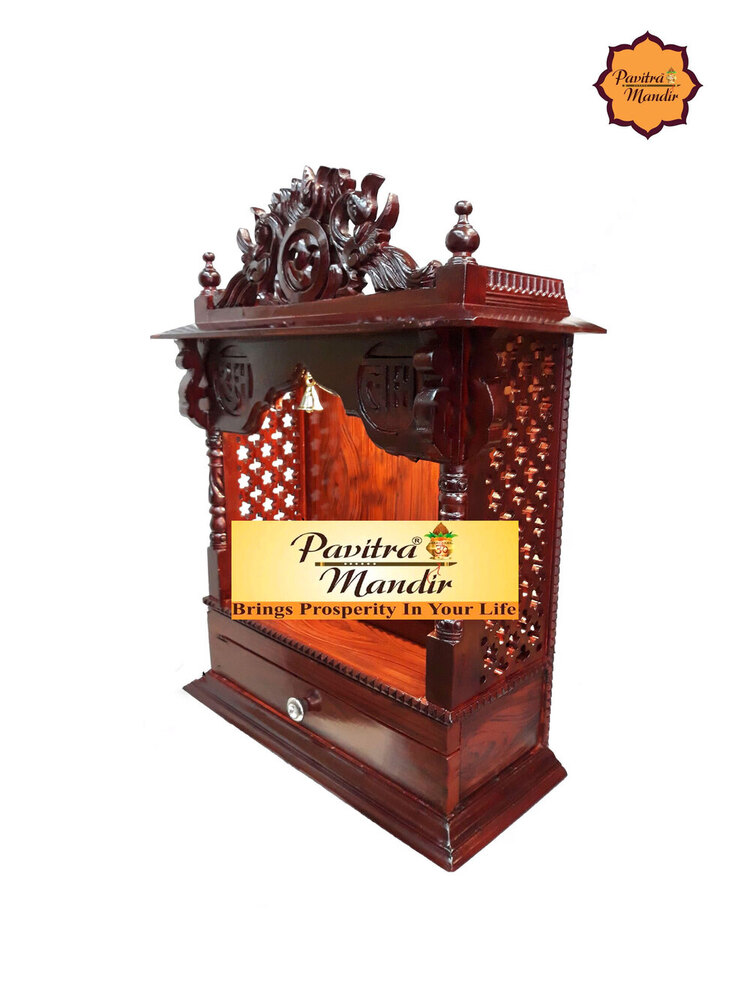 21" X 9" X 29" Burma Teakwood Mandir (Rosewood Polish) (With Side Jali) - Color: Brown