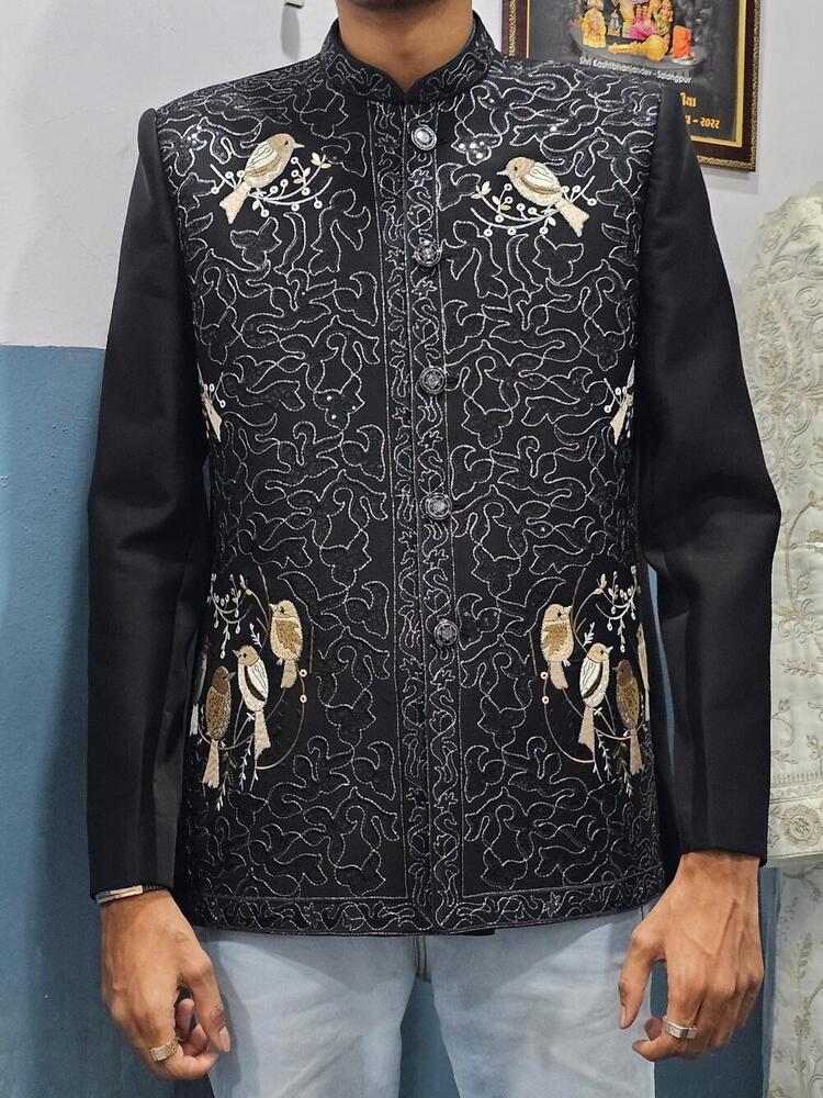 Mens Black Lycra Thread Embroidered Indo Western - Design: Premium
