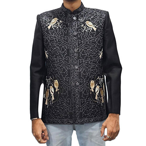 Mens Black Lycra Thread Embroidered Indo Western Suit - Design: Premium