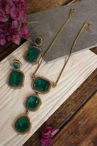 Green Swarovski Stones Embellished Long Pendant Necklace Set