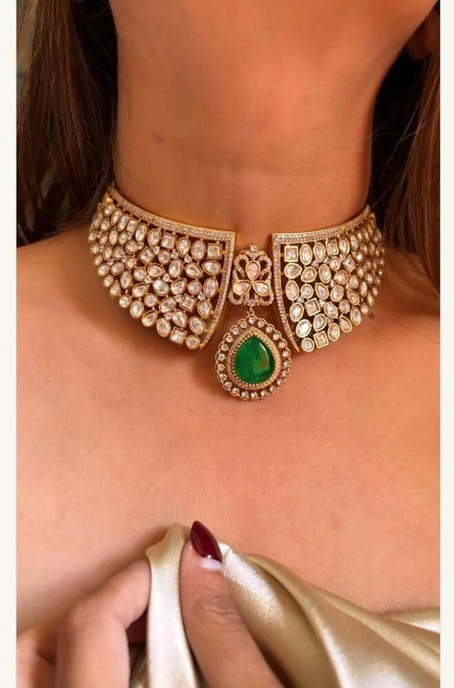 प्रिमियम सब्यासाची प्रेरित गोल्ड अनकट मोइसानाइट पोल्की कुंदन ग्रीन एमराल्ड ड्रॉप चोकर नेकलेस