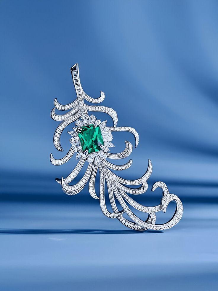 Retro Feather Shape 3Ct Lab Created Emerald Brooch - Color: Different Available