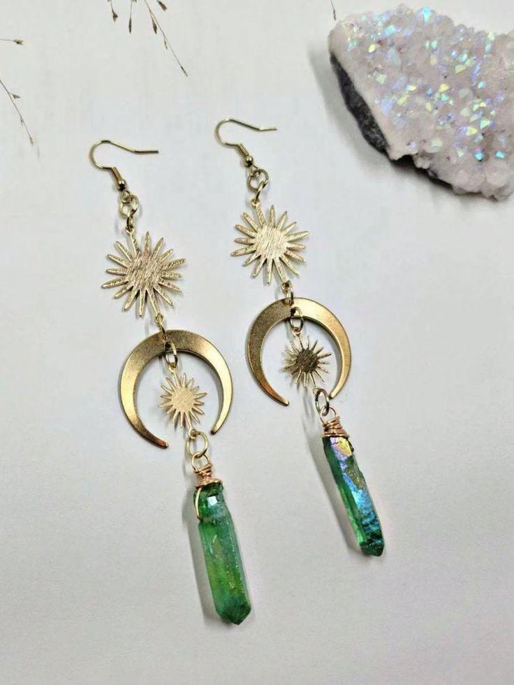 Celestial Brass And Green Aura Quartz Dangle Earrings - Color: Different Available