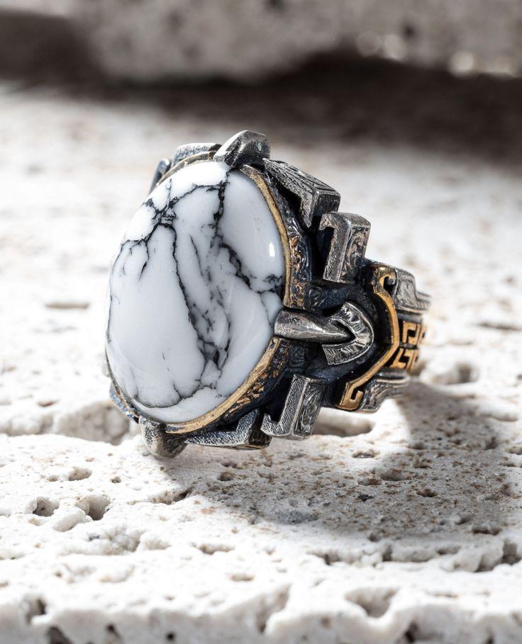 925 Sterling Silver Custom Cut White Turquoise Stone Turkish Mens Ring - Color: Different Available