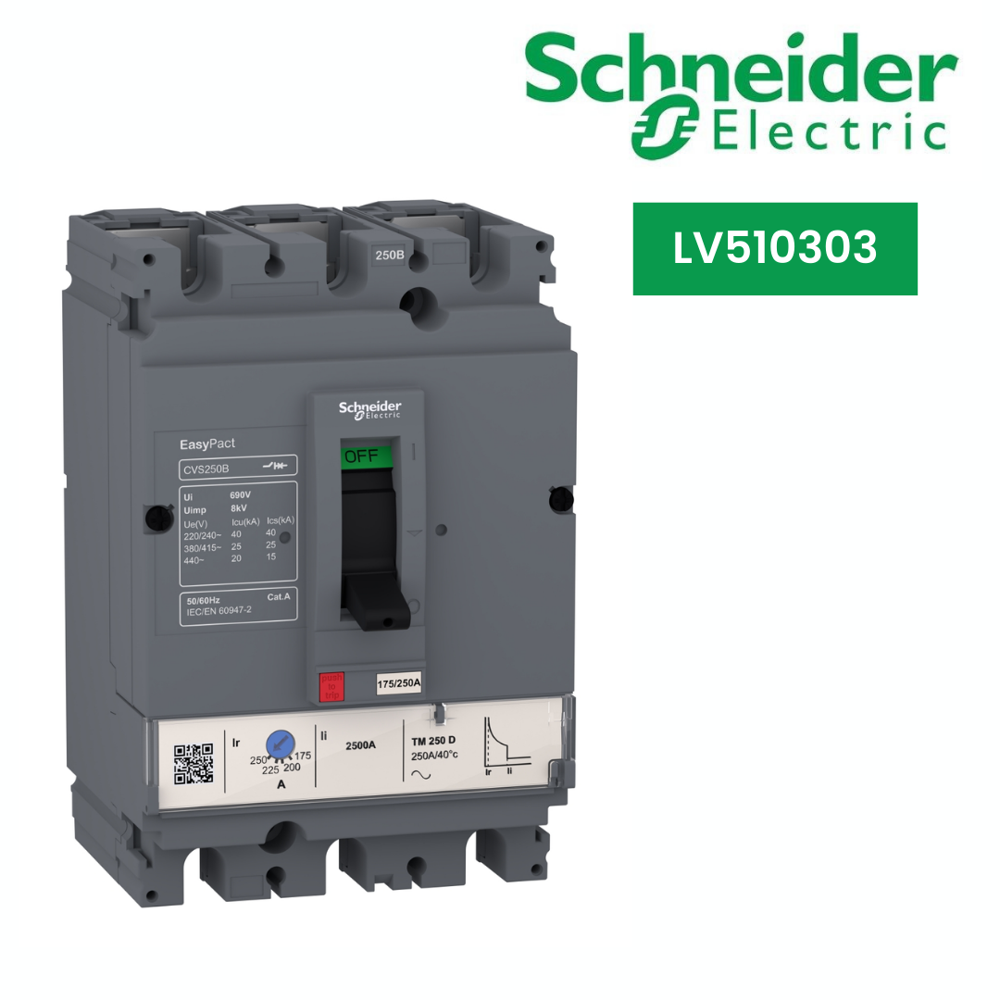 LV510303-circuit breaker EasyPact CVS100B, 25 kA at 415 VAC, 40 A rating thermal magnetic TM-D trip unit, 3P 3d