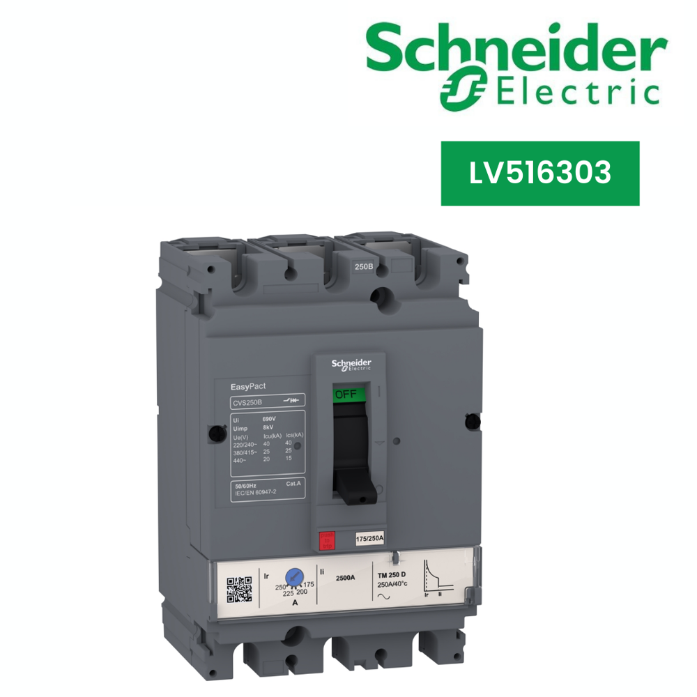 LV516303-circuit breaker EasyPact CVS160B, 25 kA at 415 VAC, 160 A rating thermal magnetic TM-D trip unit, 3P 3d