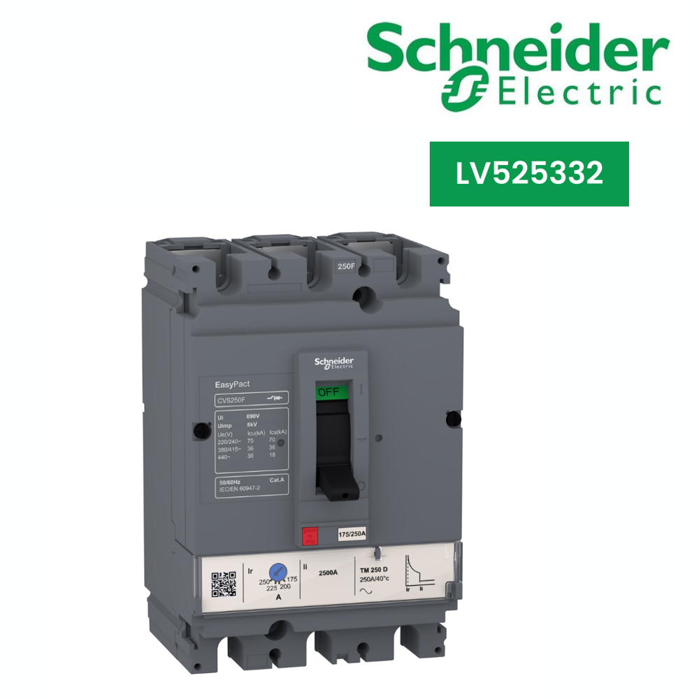 LV525332-circuit breaker EasyPact CVS250F, 36 kA at 415 VAC, 200 A rating thermal magnetic TM-D trip unit, 3P 3d