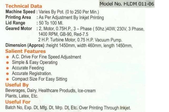 HIGH SPEED AUTOMATIC LID DISPENDING MACHINE