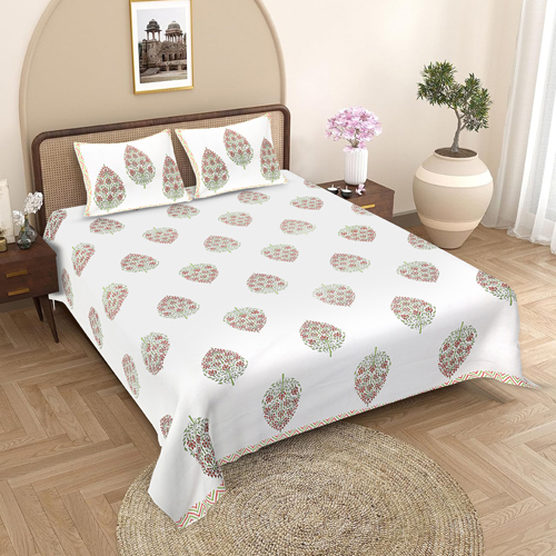 Jaipuri White Rajasthani Double Bedsheet - Design Type: Minimalist