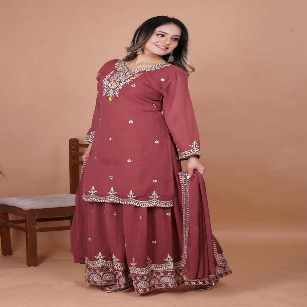 Designer Embroidered Fox Georgette Sharara Suit - Color: Dark Red