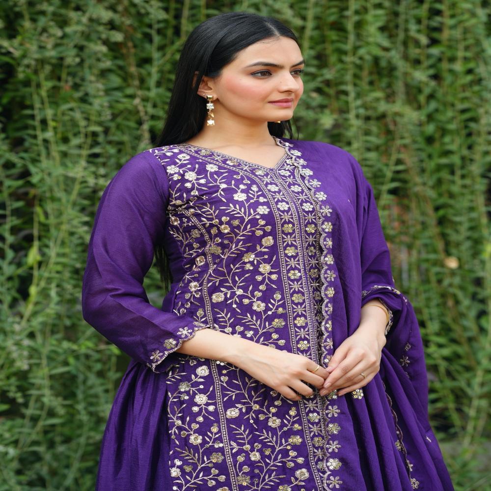 Designer Chinon Sharara Suit - Color: Pink-Blue