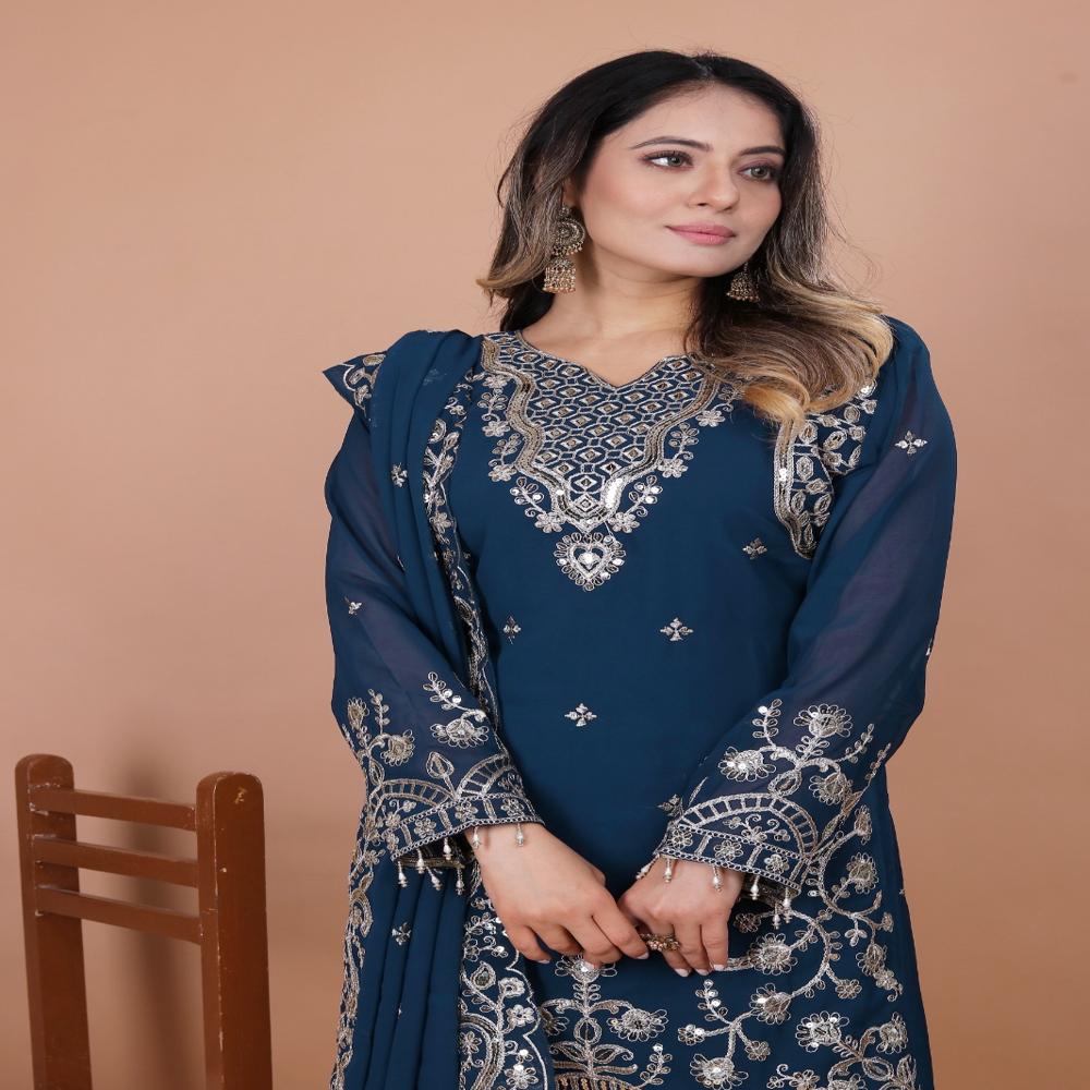 Designer Georgette Kurti Pent Pair - Color: Navy Blue