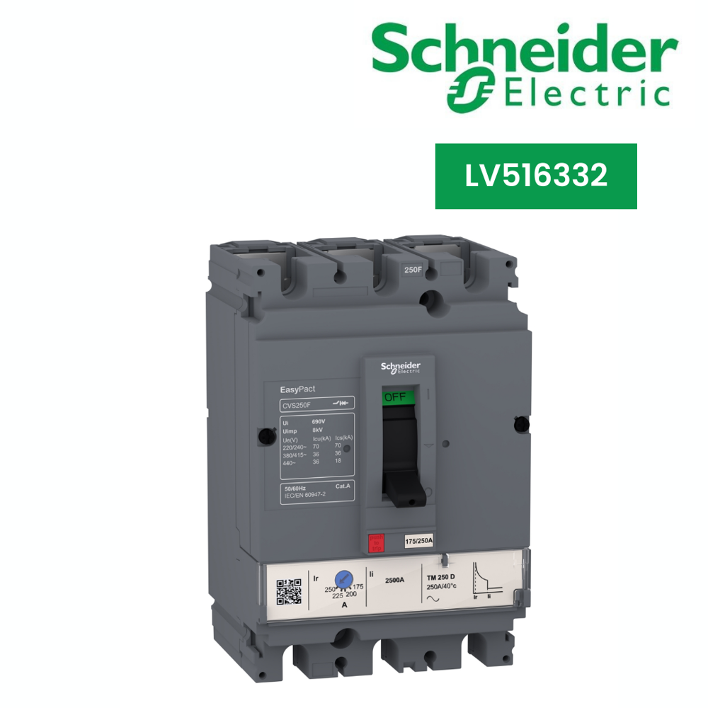 LV516332-circuit breaker EasyPact CVS160F, 36 kA at 415 VAC, 125 A rating thermal magnetic TM-D trip unit, 3P 3d