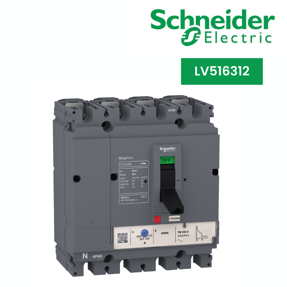 LV516312-circuit breaker EasyPact CVS160B, 25 kA at 415 VAC, 125 A rating thermal magnetic TM-D trip unit, 4P 3d