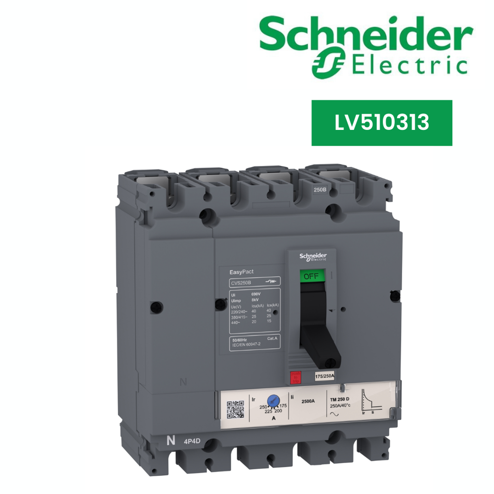 LV510313-circuit breaker EasyPact CVS100B, 25 kA at 415 VAC, 40 A rating thermal magnetic TM-D trip unit, 4P 3d