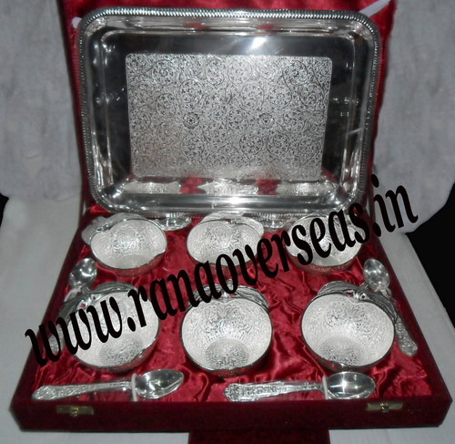 Engraved Silver Plated Apple-Shaped Dry Fruit Bowl Set - 6 Bowls with 6 Spoons, Bright Silver Finish, Unique Brass Chest Gift Box