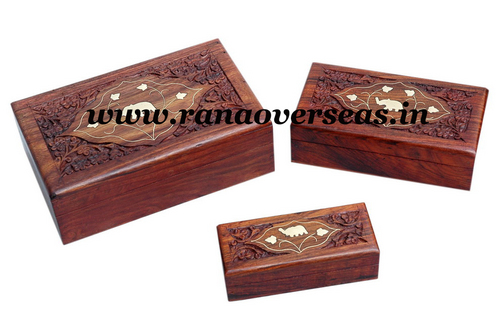 Sheesham Wood Hand Carved Brass Inlay Box Set - Available in Multiple Sizes: 4x2, 5x3, 6x4, 7x5, 8x6, 10x7 Inches | Antique Imitation, Folk Art, Nautical Style, Polished Finish for Art & Collectibles, Home Decoration