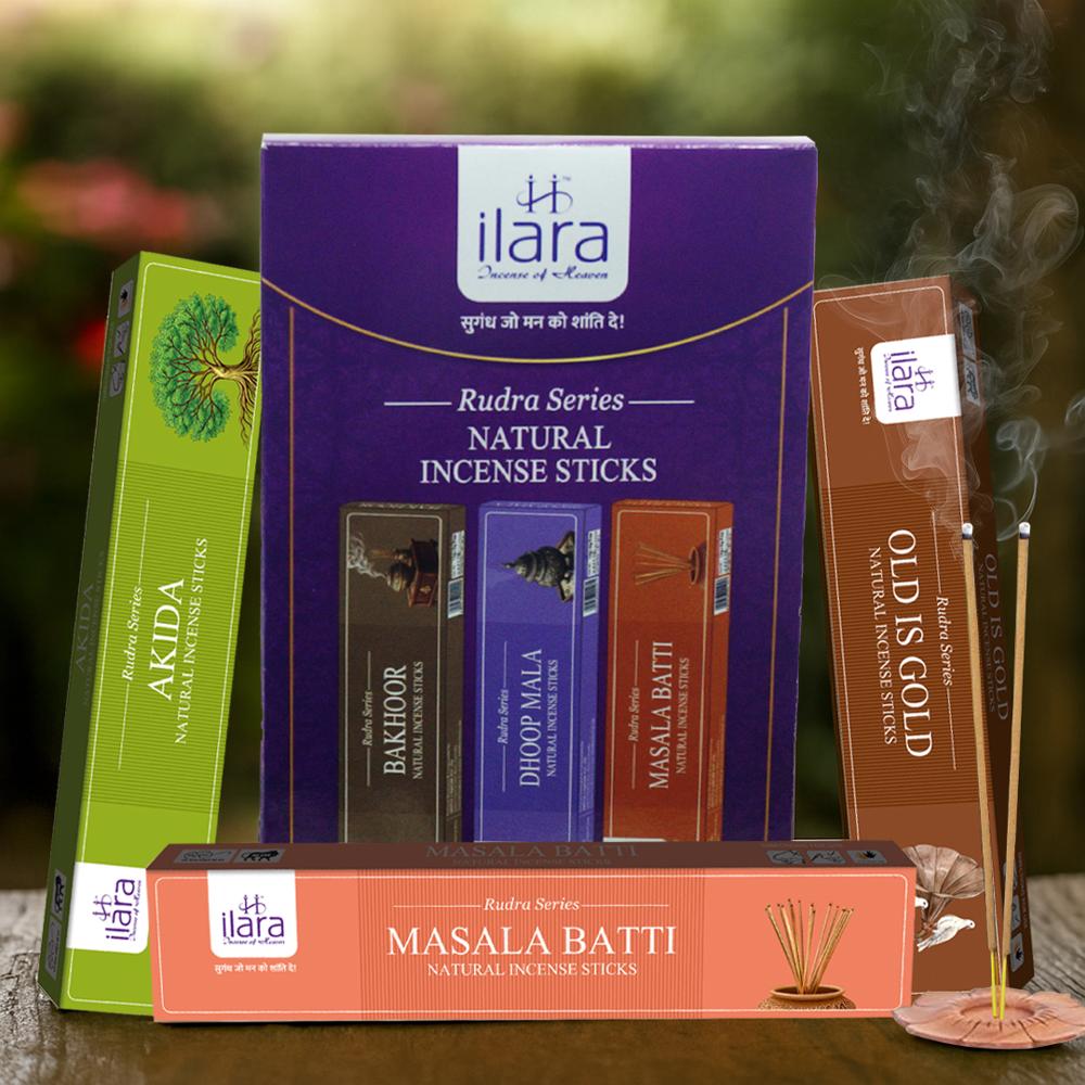 Rudra Series Natural Incense Sticks - Akida, Bakhoor, Old Is Gold, Dhoop Mala, White Loban, Masala Batti - Burning Time: 30 Minutes