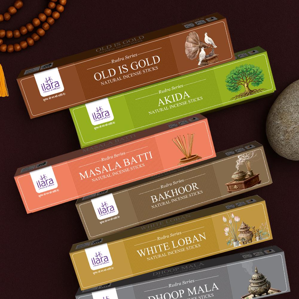 Rudra Series Natural Incense Sticks - Akida, Bakhoor, Old Is Gold, Dhoop Mala, White Loban, Masala Batti - Burning Time: 30 Minutes