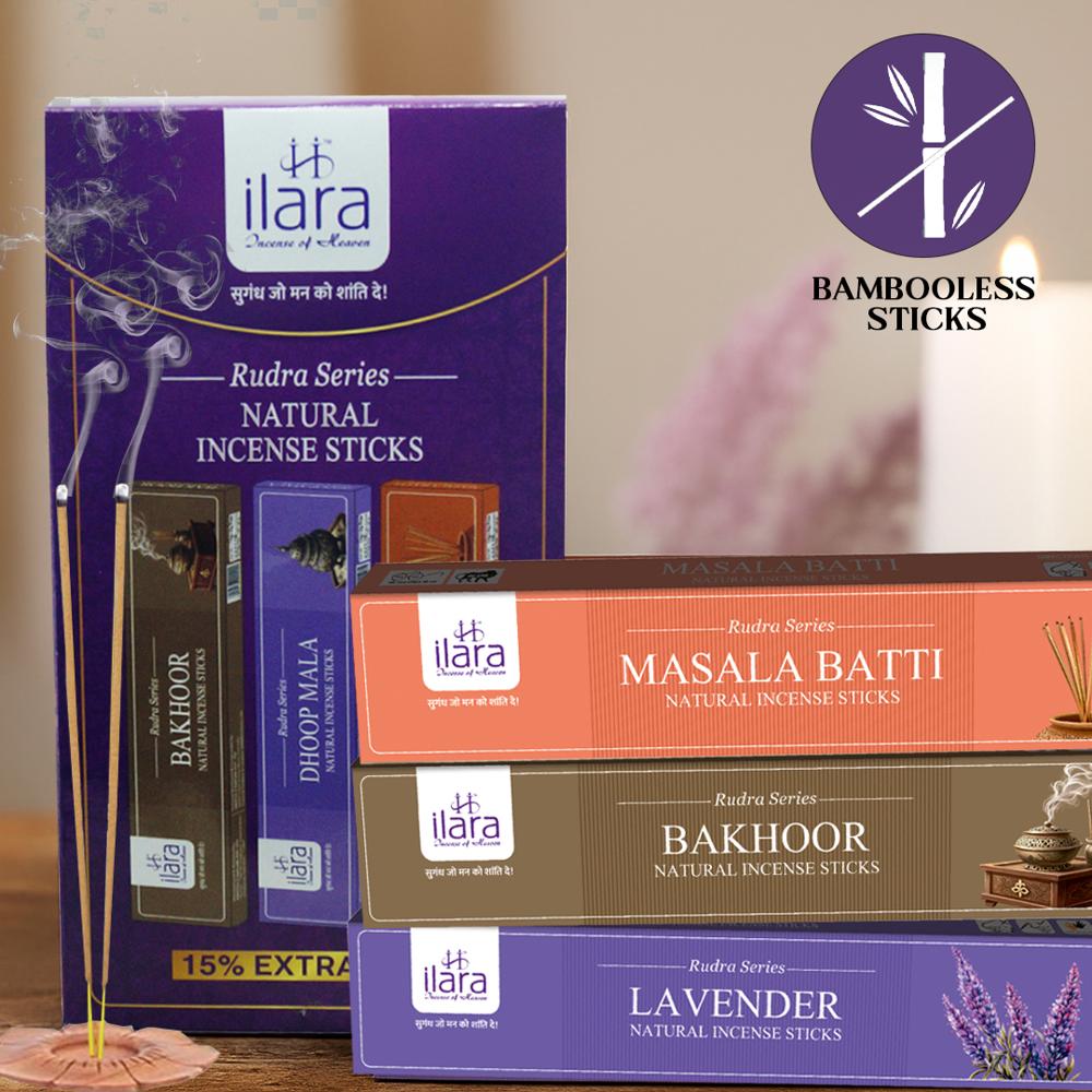 Rudra Series Natural Incense Sticks - Akida, Bakhoor, Old Is Gold, Dhoop Mala, White Loban, Masala Batti - Burning Time: 30 Minutes