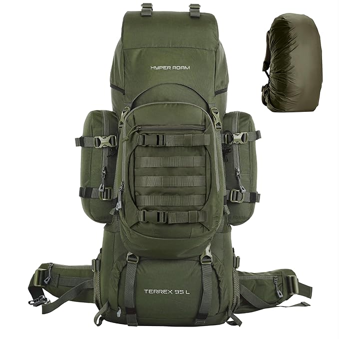Hyper Adam Terrex 95l Rucksack With Detachable Bag & Rain Cover For Trekking & Travelling | Mountain Bags - Color: Army Green
