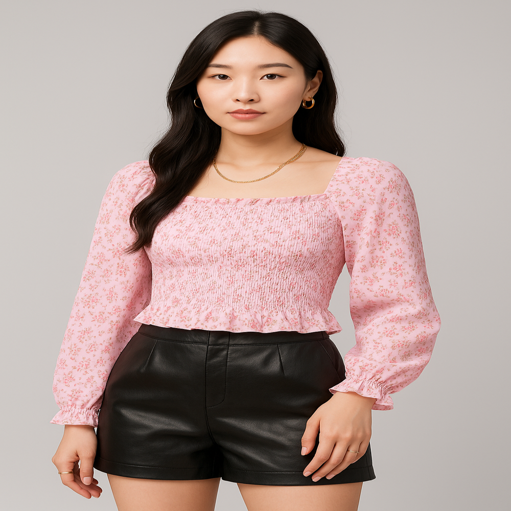 Women Top Floral Smocked Georgette Top with Long Sleeves & Square Neck -BO56