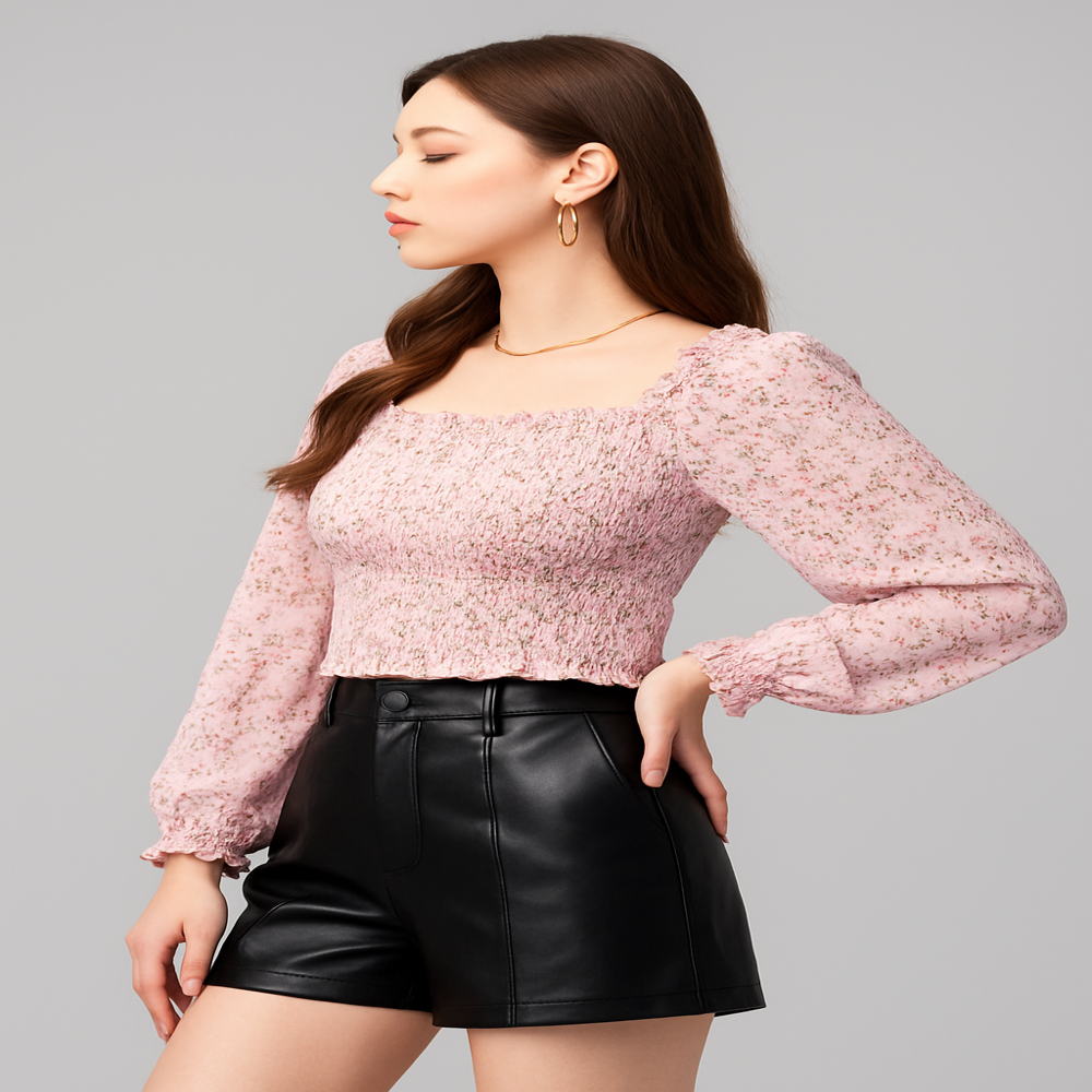 Women Top Floral Smocked Georgette Top with Long Sleeves & Square Neck -BO56