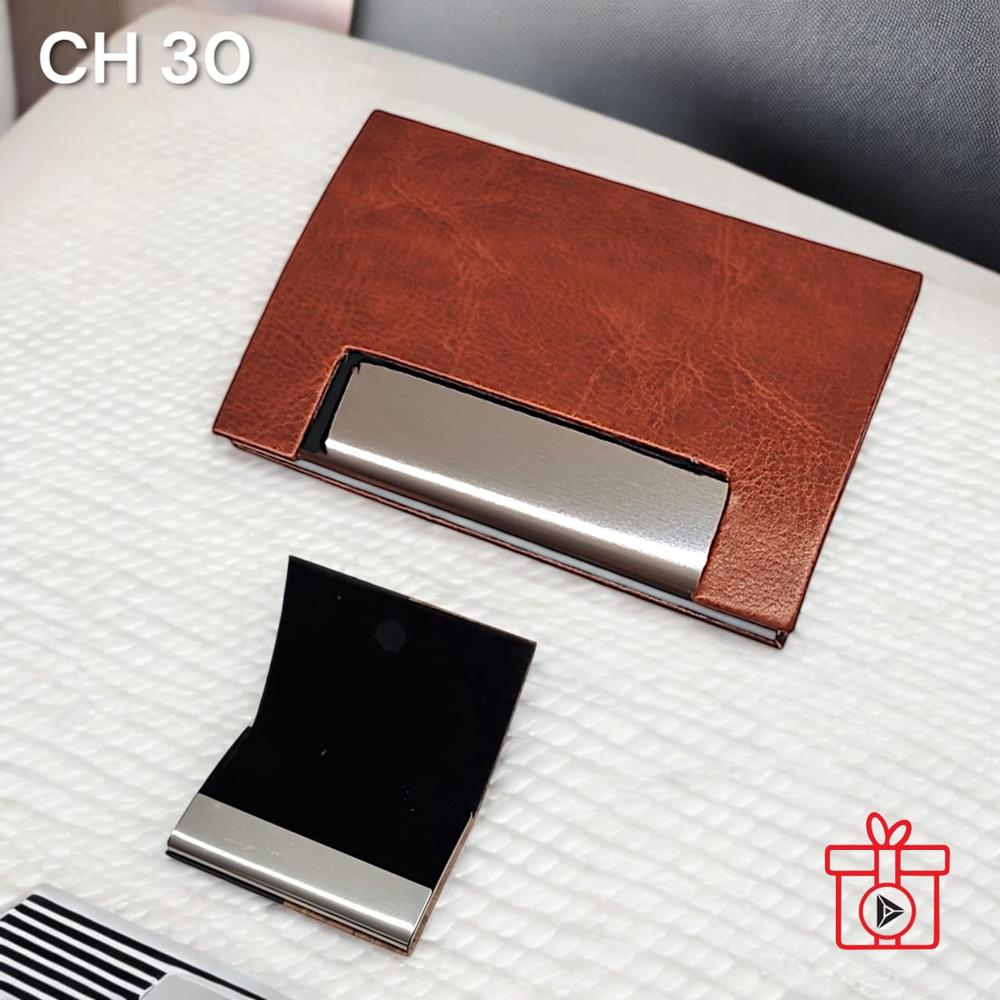 Tan Brown Colored Leatherette Metal Customizable Card Holder - Color: Customized