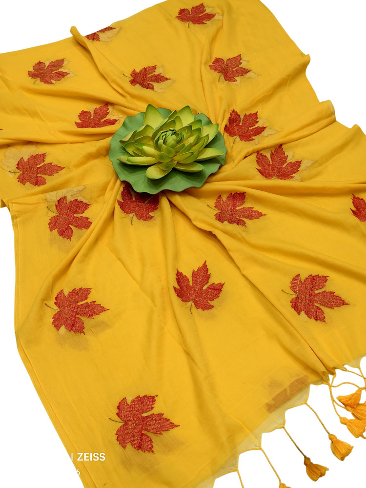 Flora Printed Exclusive Cotton Saree With Leaf Print - Color: Yellow