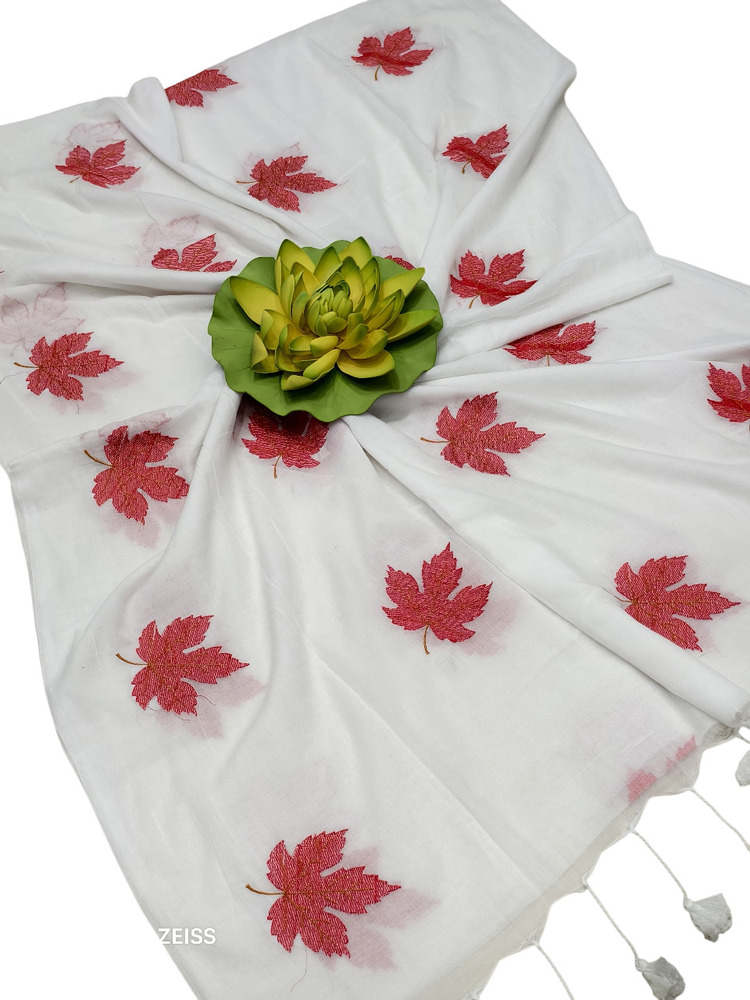 White Exclusive Cotton Saree With Leaf Print - Feature: Machine Wash / Hand Wash