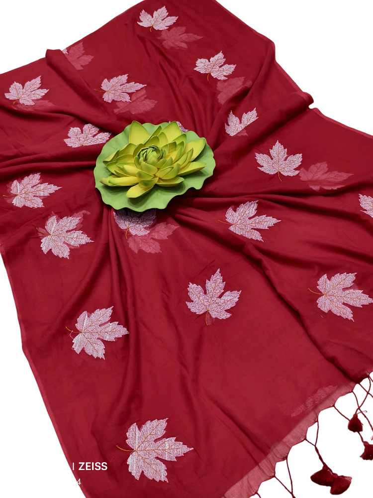 Exclusive Cotton Saree With Leaf Print - Color: Red