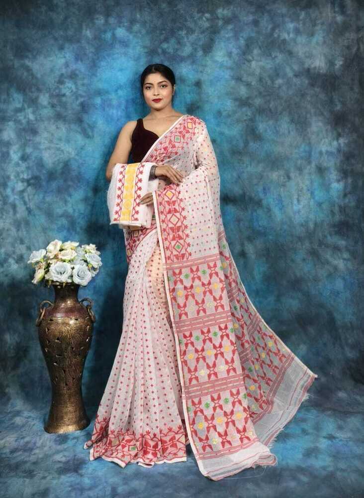 Ladies Puja Special Hazar Buti Soft Jamdani Saree - Color: Multicolor