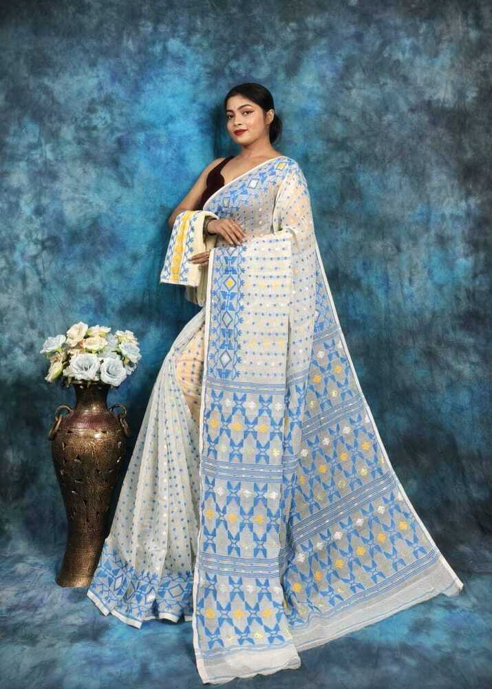 Blue And White Puja Special Hazar Buti Soft Jamdani Saree - Design: Printed