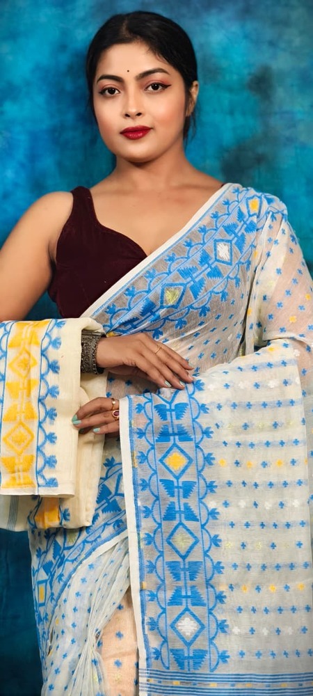 Blue And White Puja Special Hazar Buti Soft Jamdani Saree