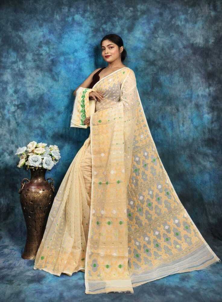 Ladies Fancy Puja Special Hazar Buti Soft Jamdani Saree - Color: Multicolor