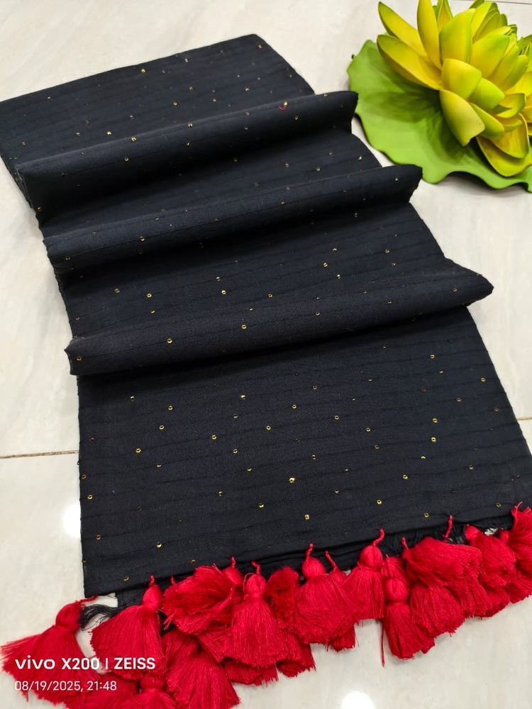 Black Handmade Sequence Cotton Saree - Feature: Machine Wash / Hand Wash