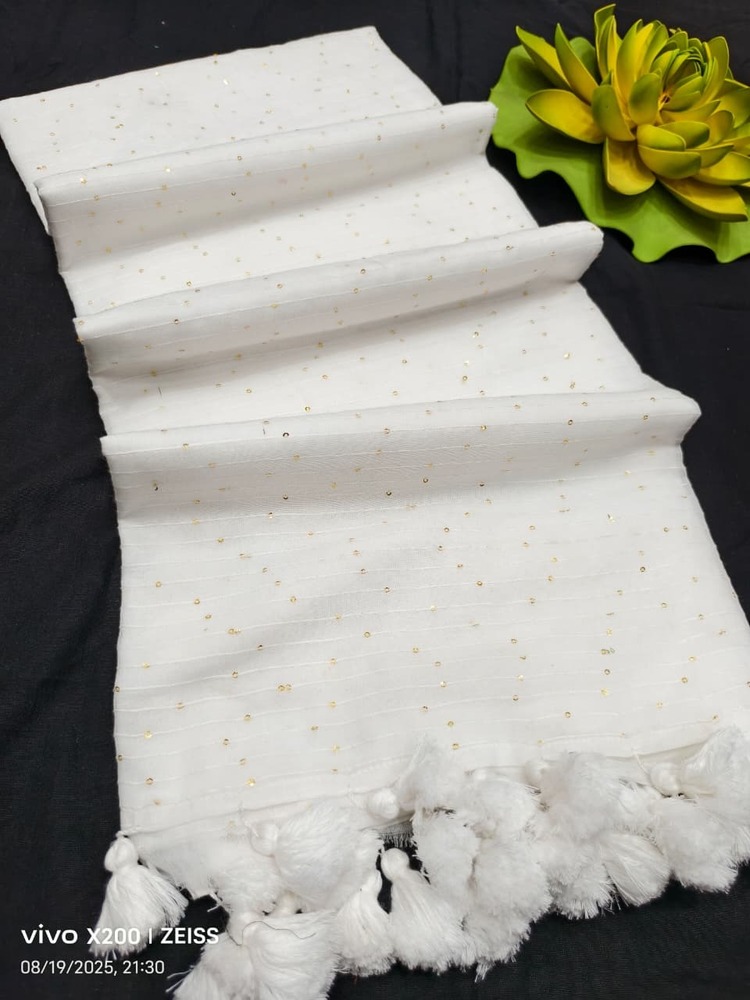 White Handmade Sequence Cotton Saree - Feature: Machine Wash / Hand Wash