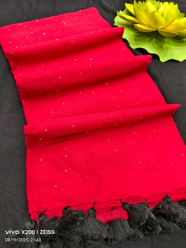 Ladies Handmade Sequence Cotton Saree - Color: Red