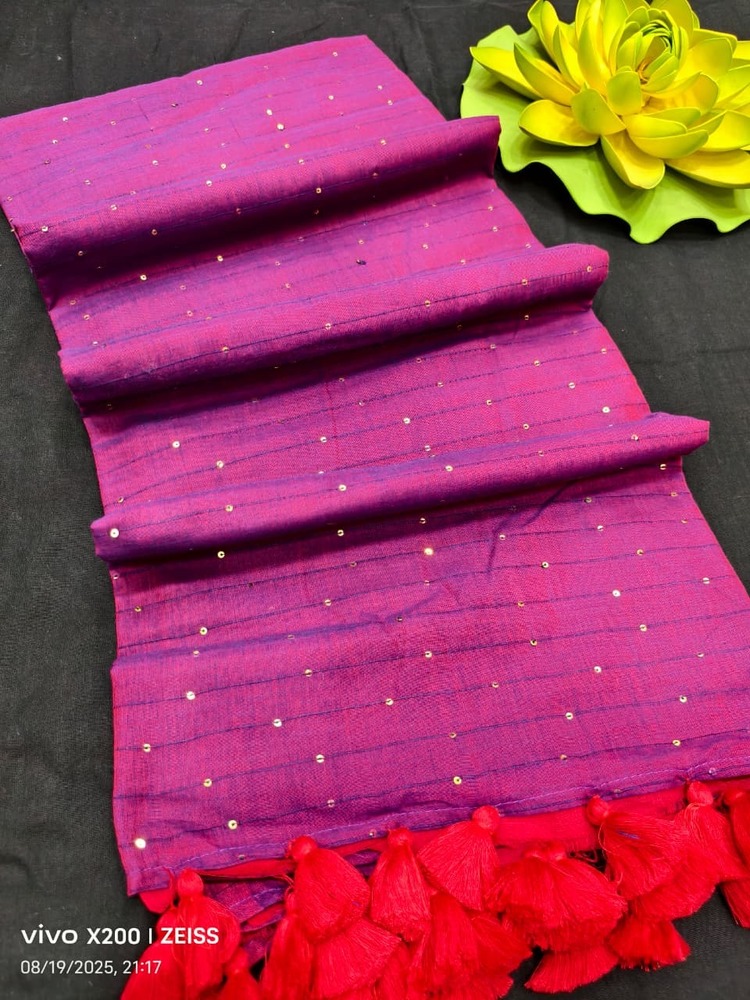Single Color Handmade Sequence Cotton Saree - Color: Pink