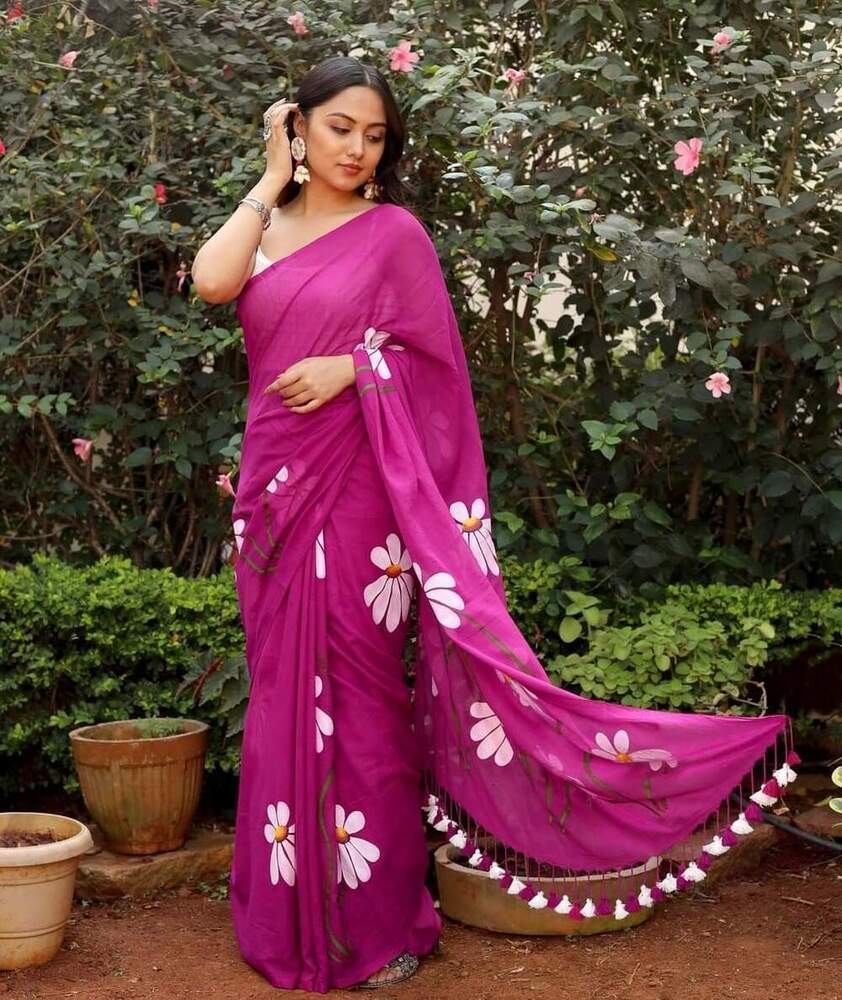 Flora Printed Cotton Handprint Saree Without Blouse - Color: Pink