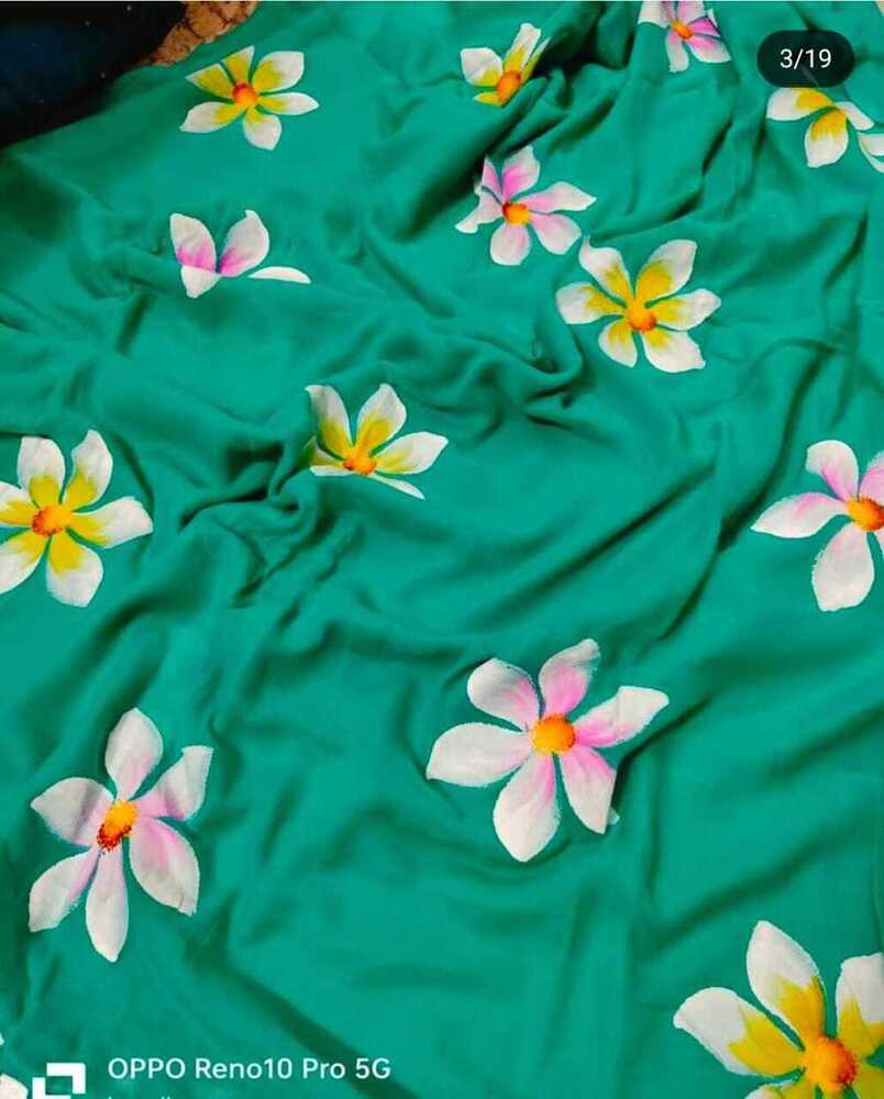 Cotton Handprint Saree Without Blouse - Color: Green
