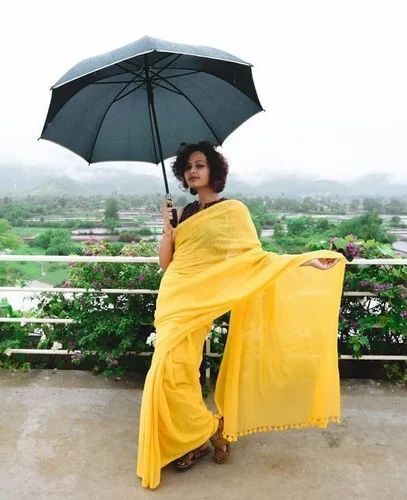 Yellow Pure Khadi Cotton Saree With Blouse - Feature: Machine Wash / Hand Wash