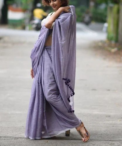Ladies Pure Khadi Cotton Saree With Blouse - Color: Purple