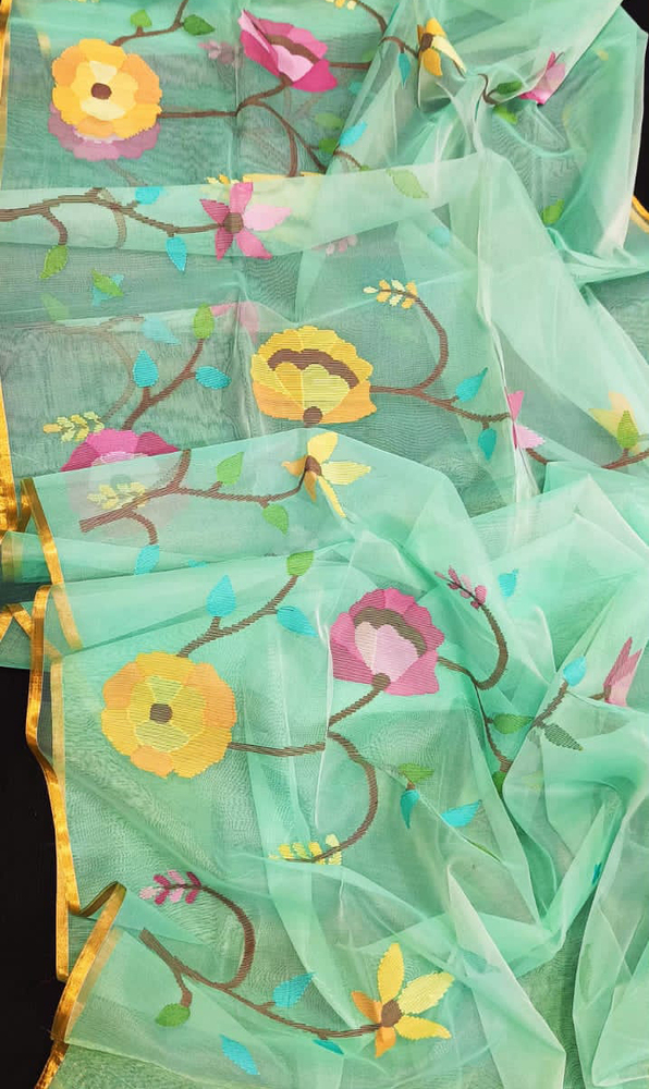 Ladies Fancy Rasome Moslin Jamdani Saree With Blouse - Color: Multicolor
