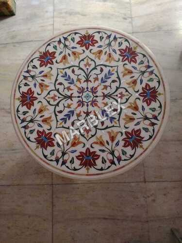 Round Printed White Marble Semi Precious Stone Inlay Work Table Top - Color: Various Available