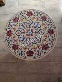 Round Printed White Marble Semi Precious Stone Inlay Work Table Top - Color: Various Available