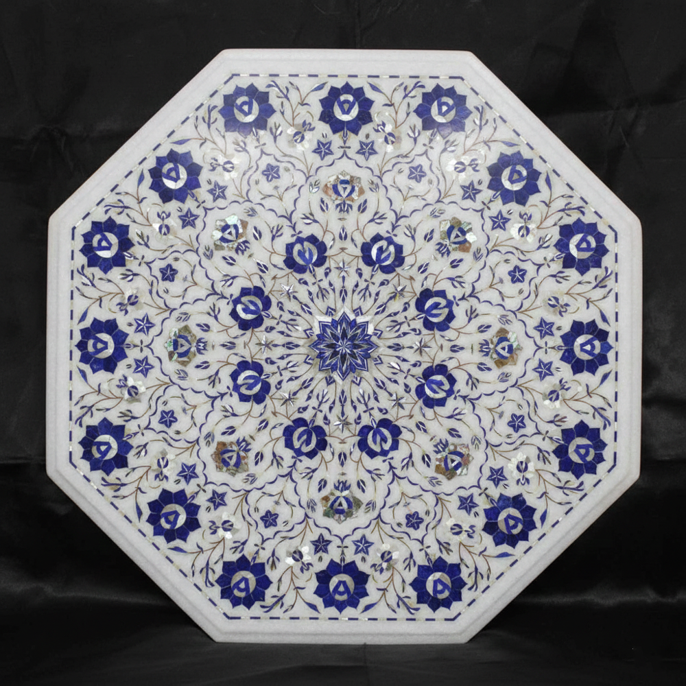 White Marble Inlay Side End Table Top - Color: Various Available