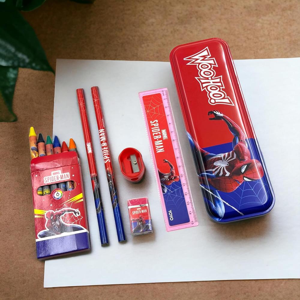 iderman Metal Pencil Case Stationery Kit Pen,Eraser, Scale, Sharpener Crayons and Latest Gift Set