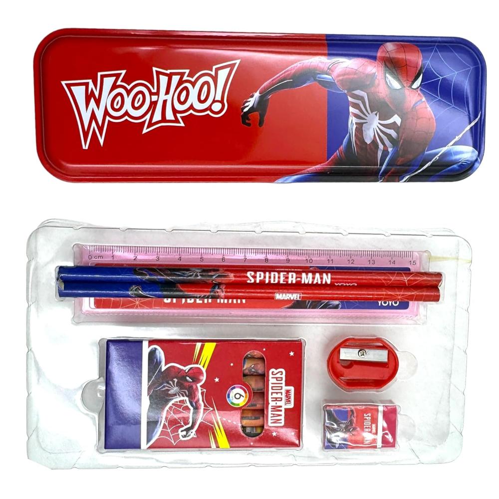iderman Metal Pencil Case Stationery Kit Pen,Eraser, Scale, Sharpener Crayons and Latest Gift Set