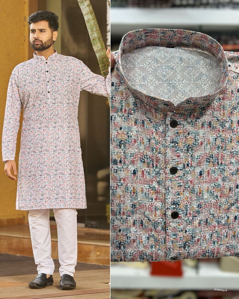 Schiffli Chikan Mans Kurta With Payjama